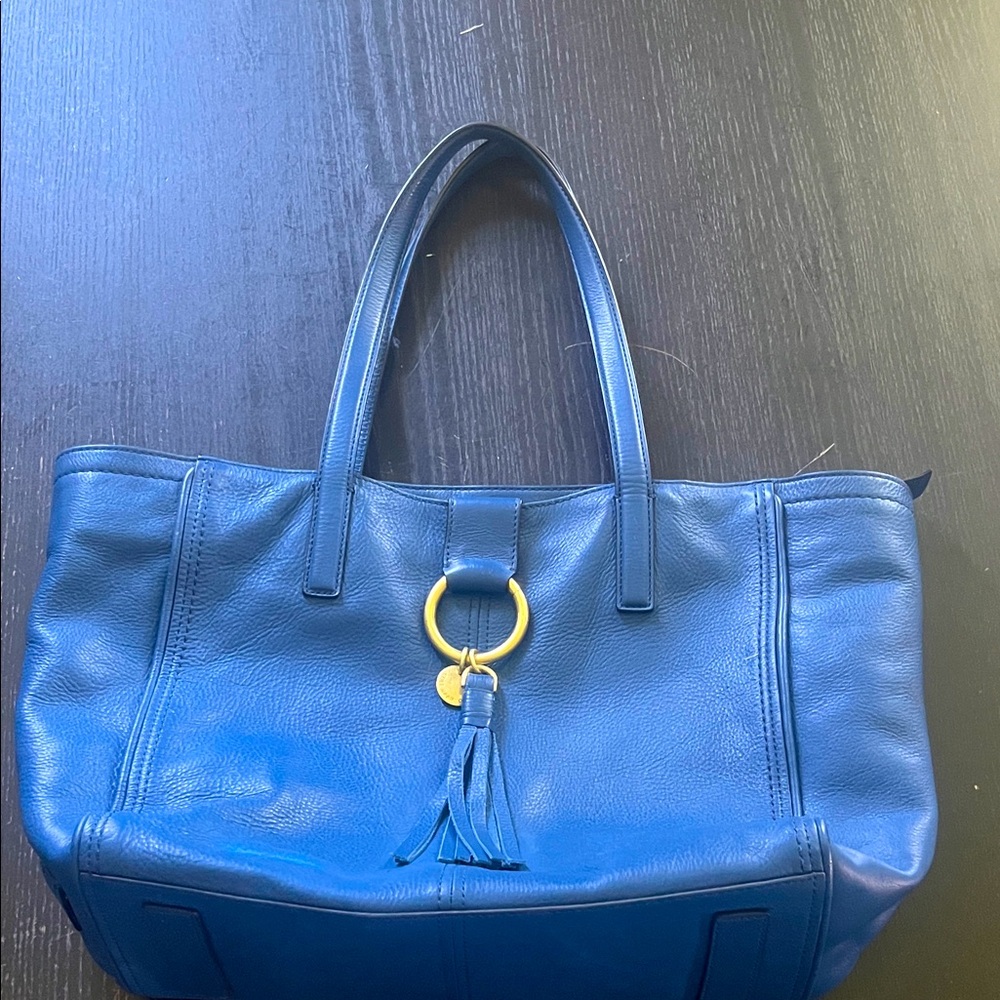 Blue Leather Tassel Tote Bag with Gold Ring Accent